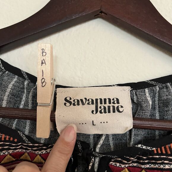 Savanna Jane Embroidered Split Tie V Neck 3/4 Sleeve Striped Boho Peasant SZ L - Picture 2 of 9